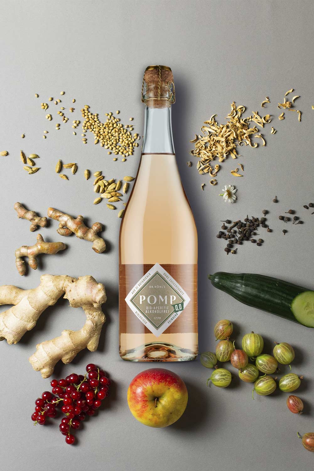 zutatenbild flasche alkoholfreier sekt mit bio zutaten wie frischen feinherben früchten gurke heilkräutern und gewürzen