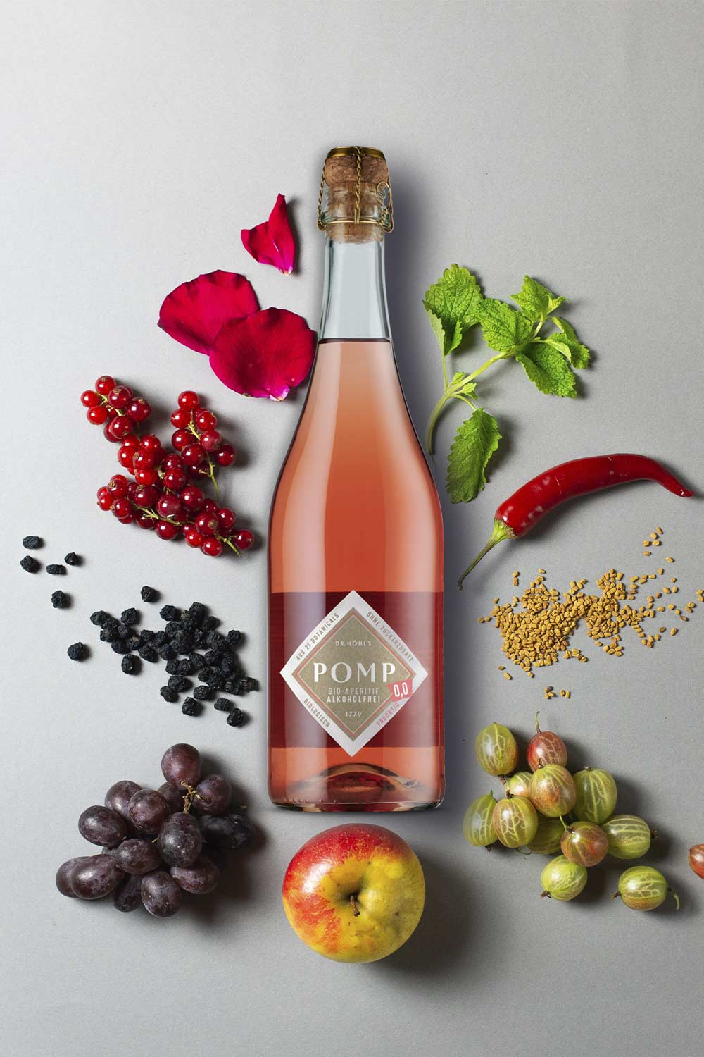 zutatenbild flasche alkoholfreier sekt mit bio zutaten wie frischen fruchtigen früchten kräutern und gewürzen