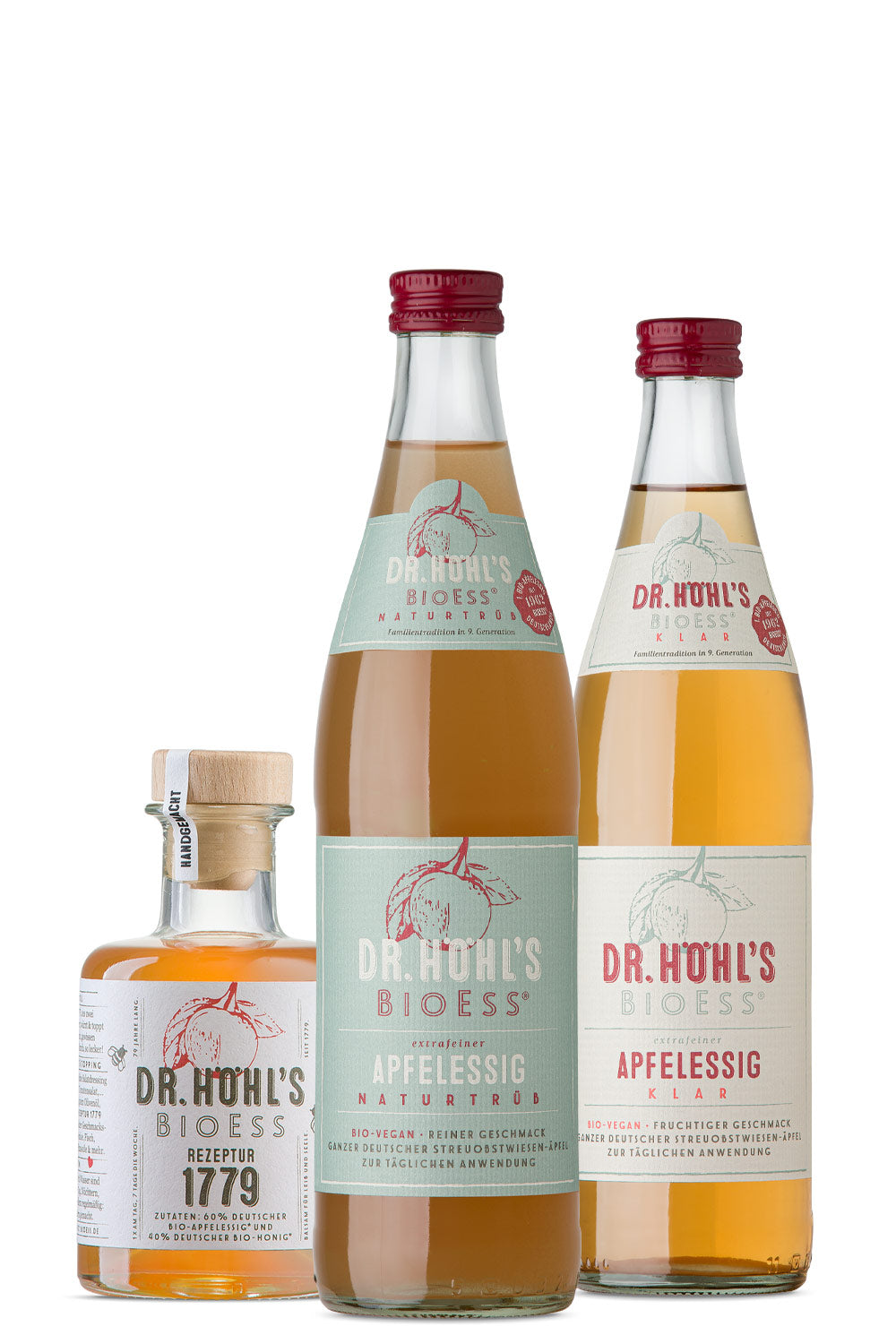 3er gourmet set apfelessig testset glasflaschen von dr höhls 1,2l