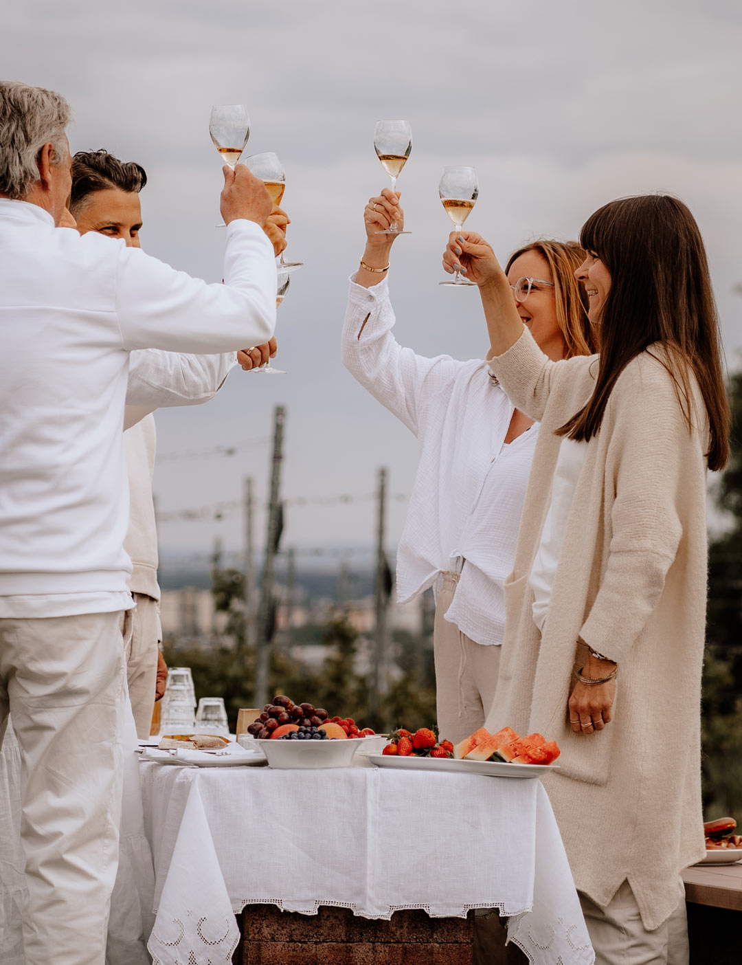 familie dr. höhls stößt mit pomp gläsern bei einem white picknick an