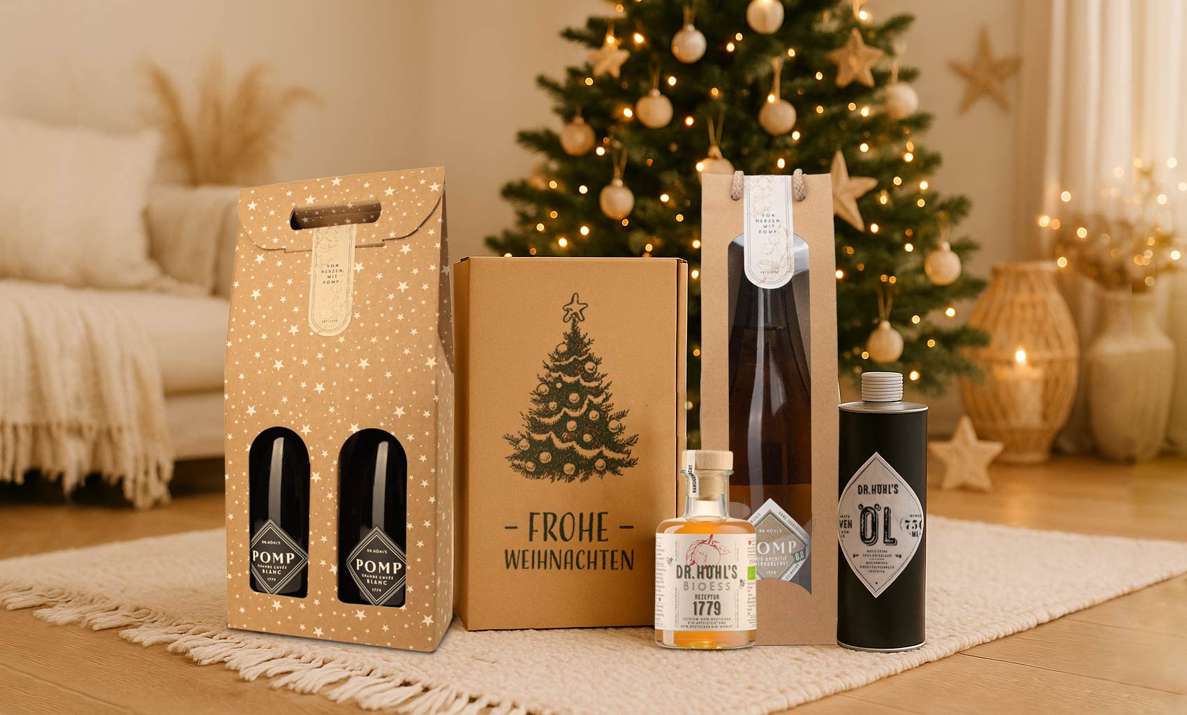 festlich warme weihnachtsstube mit tannenbaum boho deko und genussgeschenken von dr höhls