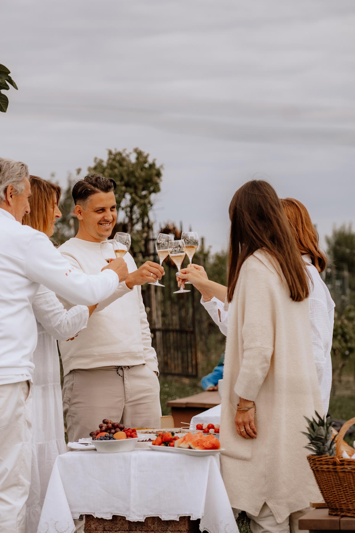 familie dr höhls steht um den picknick tisch herum und stößt mit pomp gläsern an