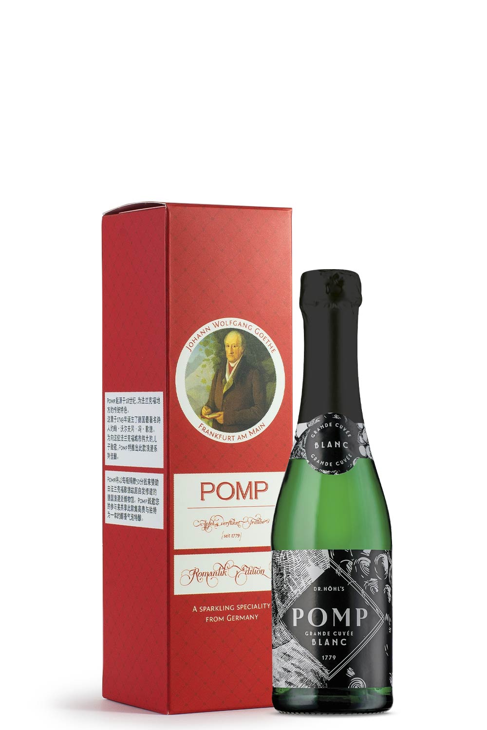 kleine rote sektgeschenk box mit goethe bild und piccolo sektflasche brut