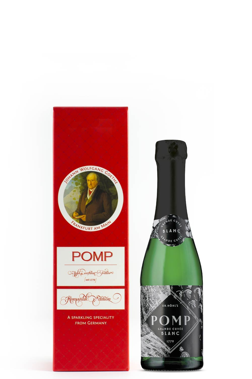kleine rote sektgeschenk box mit goethe bild und piccolo sektflasche frontale ansicht