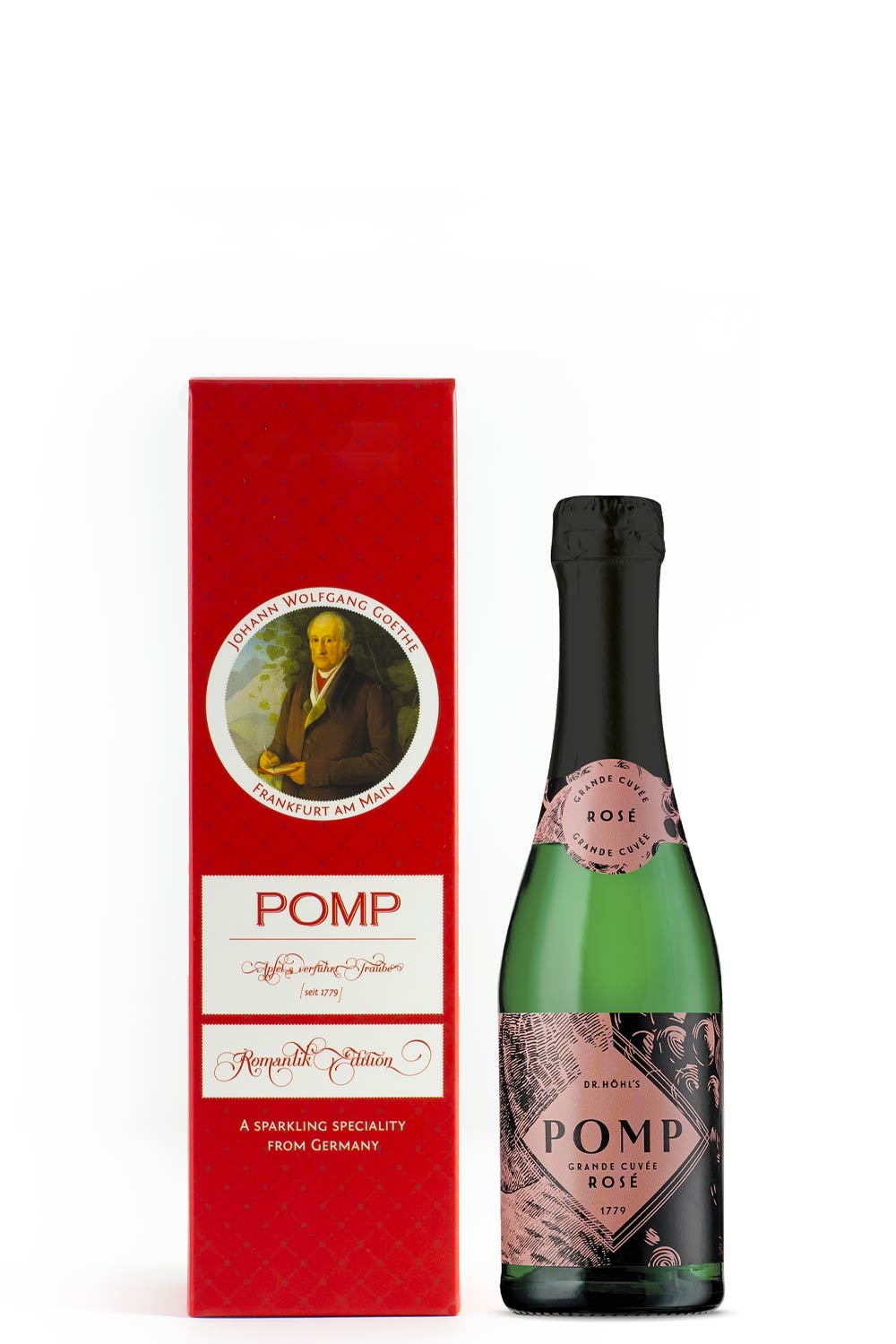 freisteller kleine rote geschenkbox mit goethe bild und piccolo sektflasche rose – dreisprachig