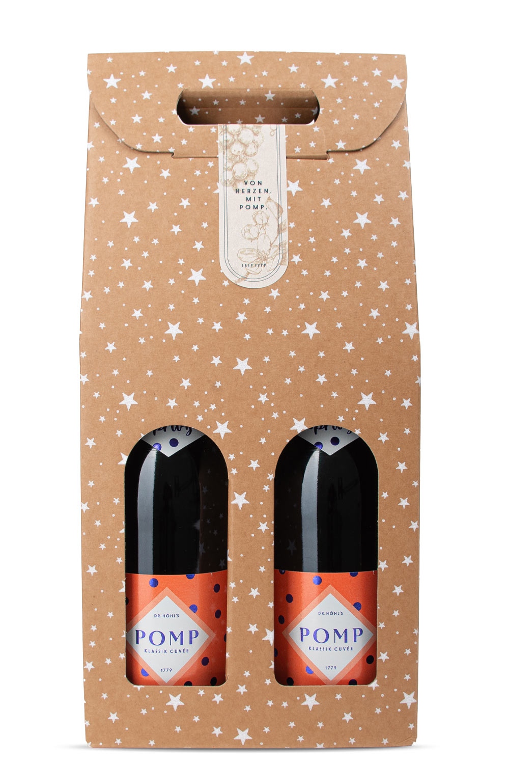 zwei flaschen rieslingsekt mit apfelwein verpackt in naturkarton geschenkbox mit weißen sternchen und tragegriff