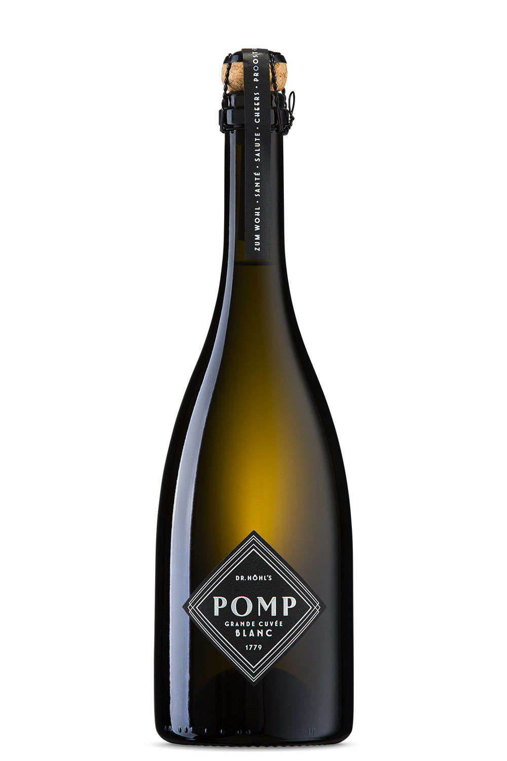 schwarze champagnerflasche mit edlem schwarz weiß design POMP blanc