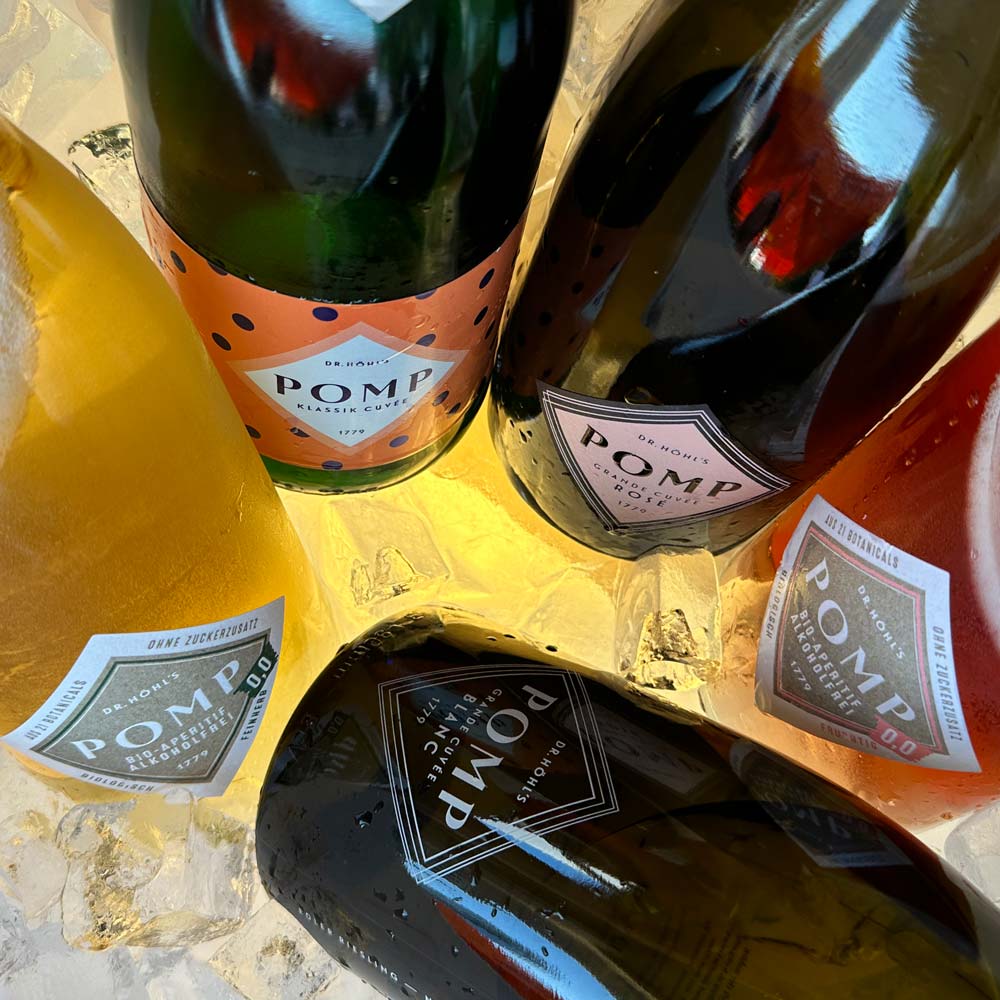 pomp sekt kollektion auf eis von oben fotografiert