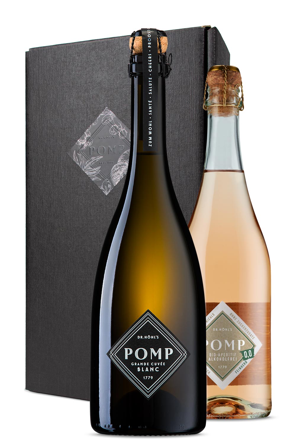 edle schwarze sektbox mit black label und einer flasche blanc sekt sowie einer flasche bio aperitif alkoholfrei feinherb