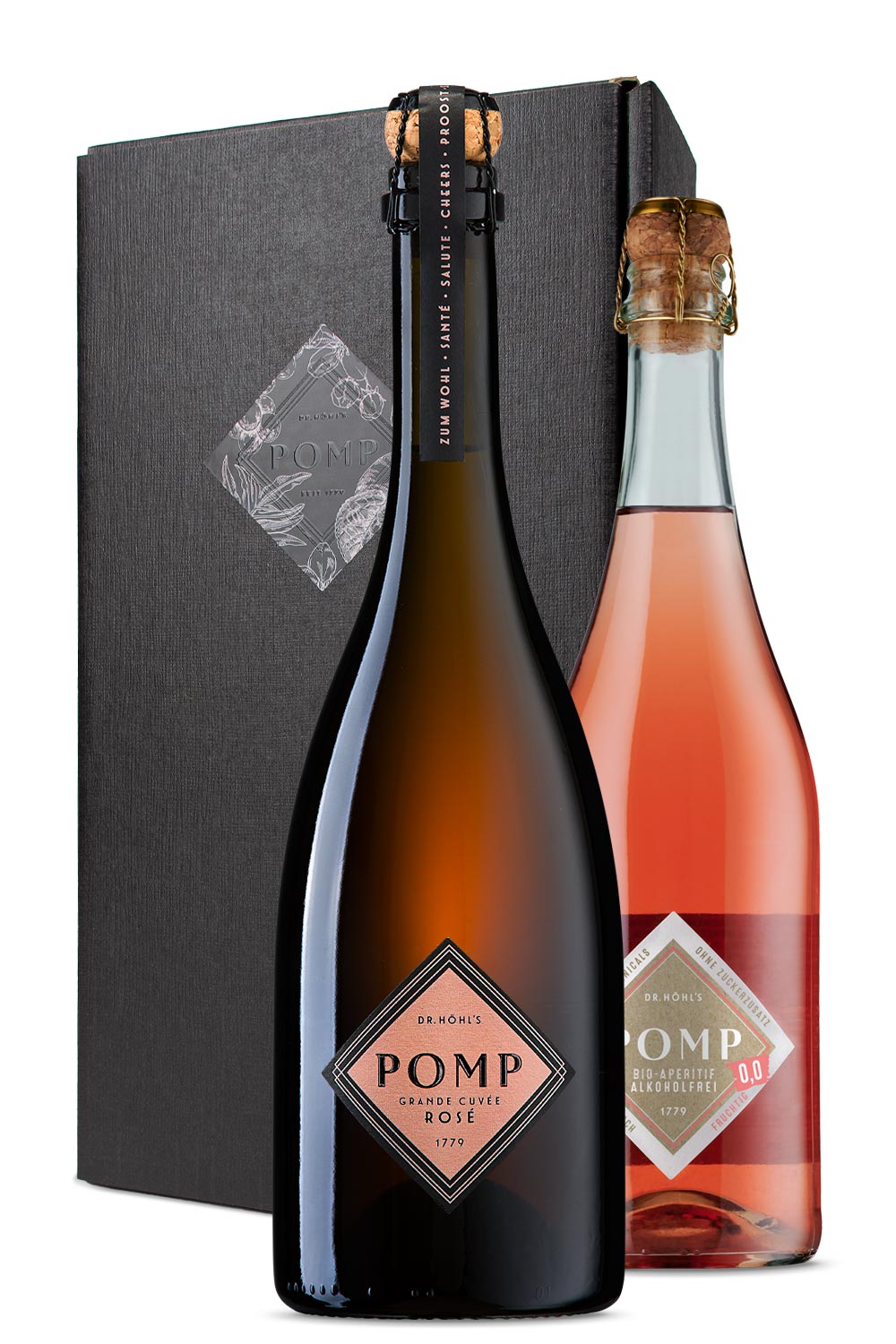 schwarze sektgeschenk box mit black label, einer flasche rose sekt und einer flasche bio aperitif alkoholfrei rosé