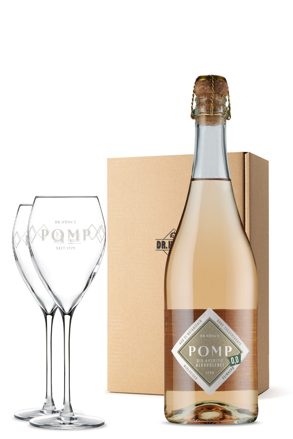 Naturkarton Sektgeschenk Box mit zwei Gläsern und einer Flasche alkoholfreiem Sekt 0,0 feinherb