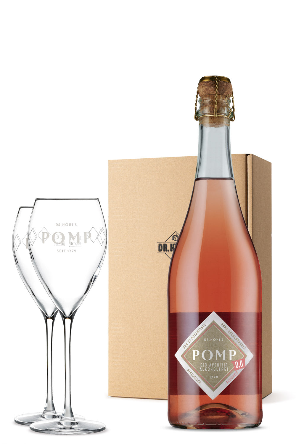 Naturkarton Sektgeschenk Box mit zwei Gläsern und einer Flasche alkoholfreiem Sekt 0,0 fruchtig