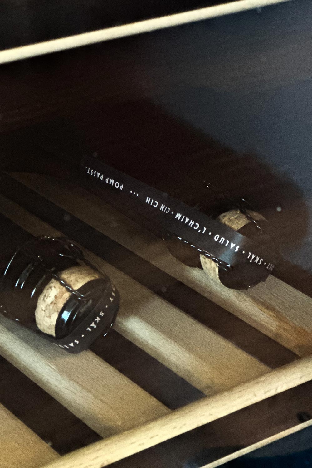 pomp blanc flasche in einem weinkühlschrank
