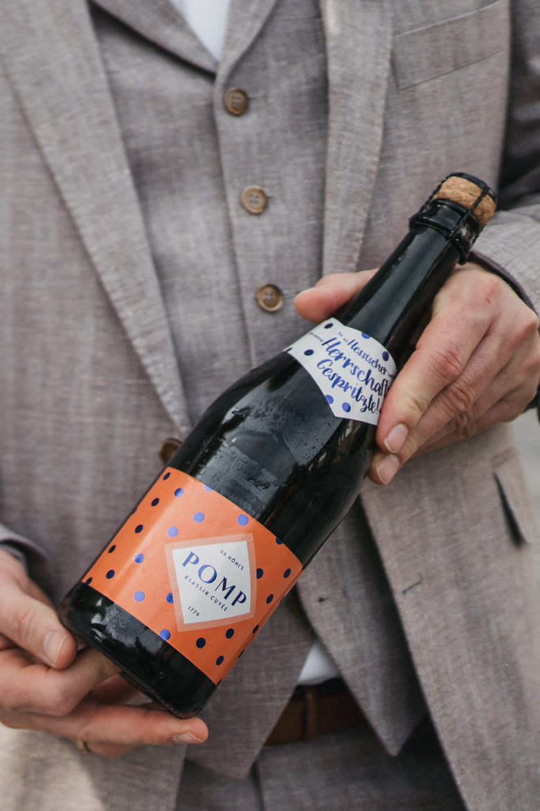 mann mit feinem anzug hält eine eiskalte sektflasche pomp klassik