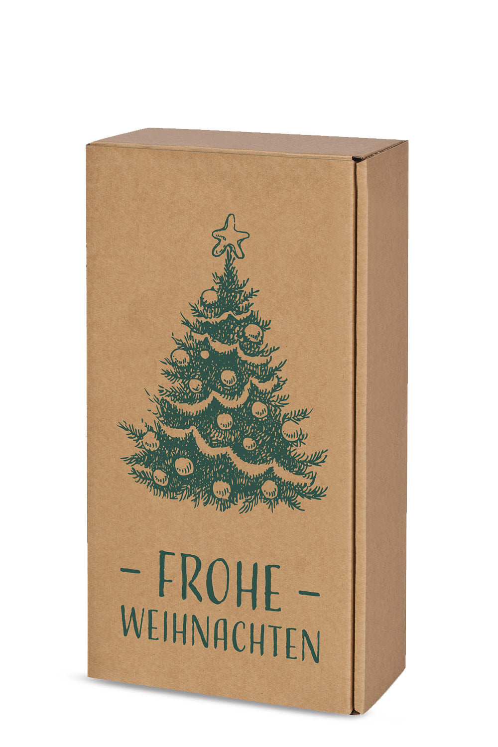 sekt geschenkbox natur karton mit weihnachtsbaum und aufschrift "frohe weihnachten"