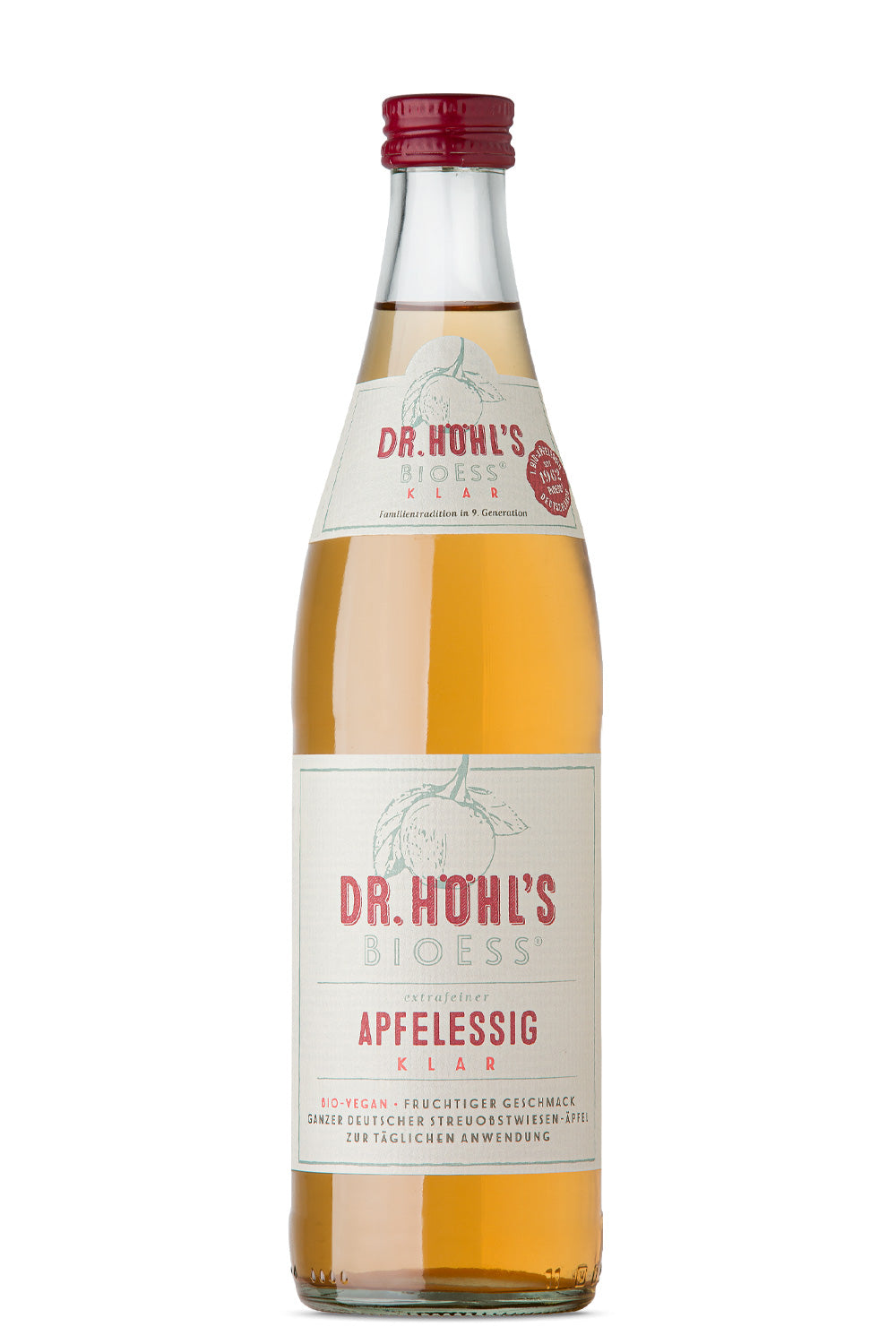 veganer bio apfelessig aus deutschland in glasflasche mit naturpapier etikett