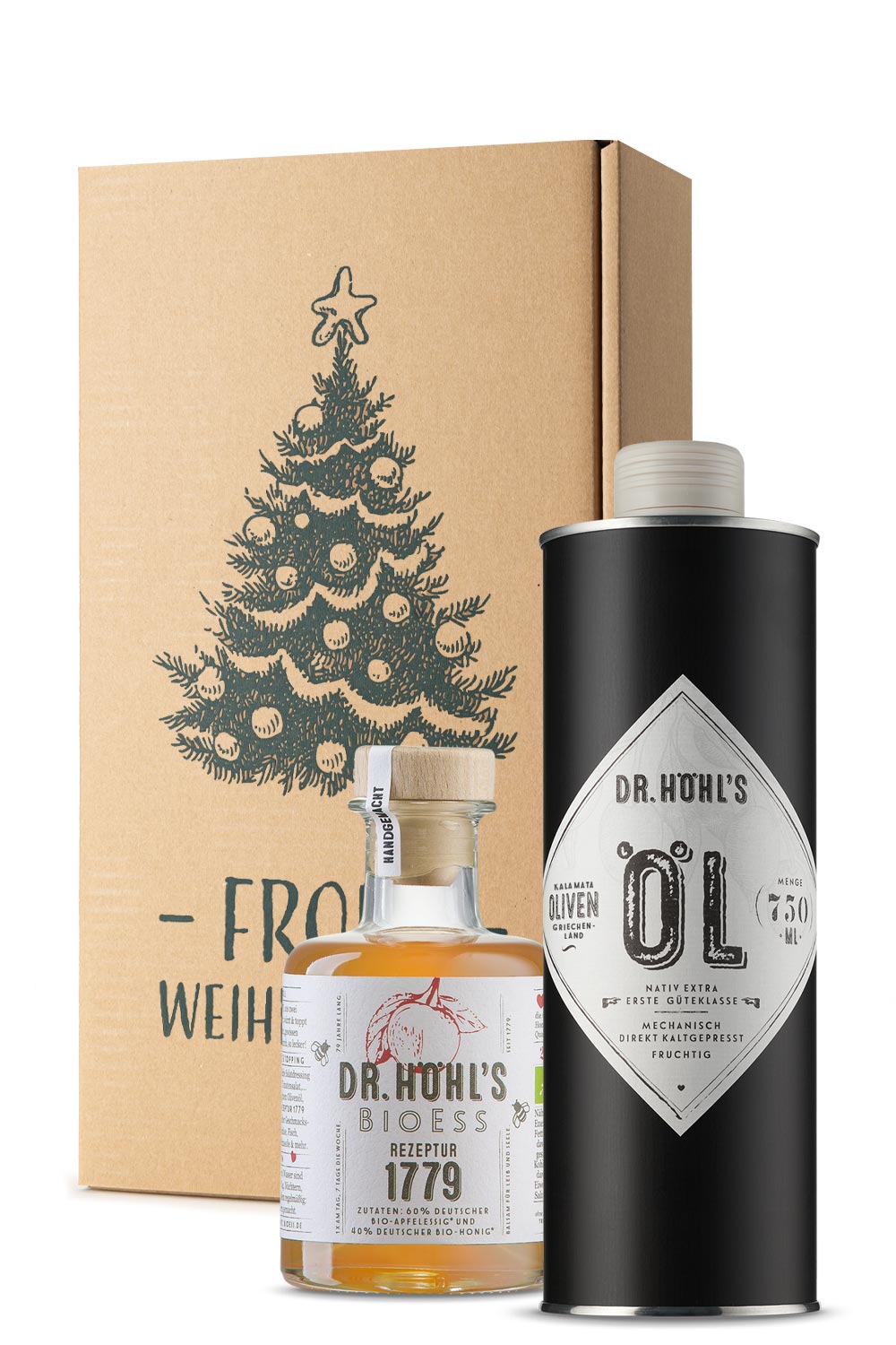 Naturkarton mit grünem weihnachtsbaum motiv, einer flasche apfelessig-honig-mixtur und einer flasche olivenöl