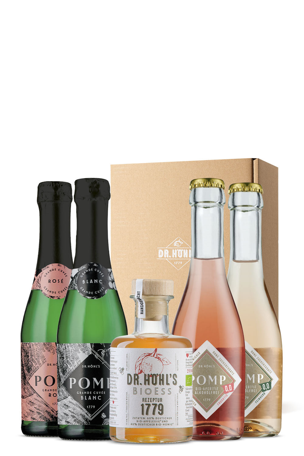 gourmet geschenkset mit 4 piccolo sektflaschen und 1 flasche apfelessig-honig rezeptur in natur box