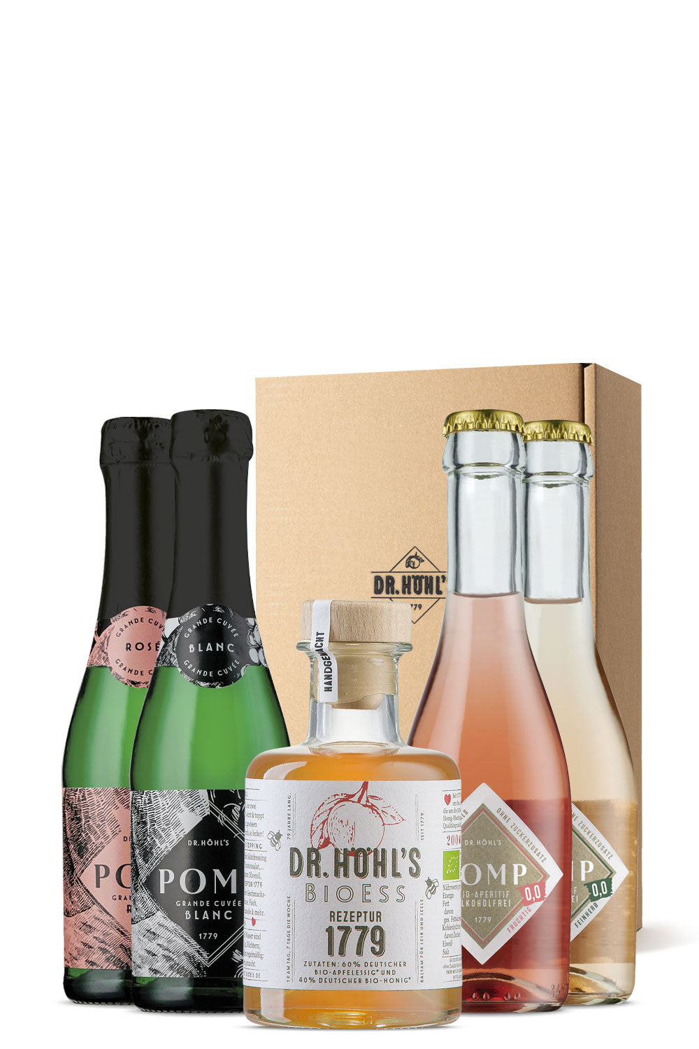 gourmet geschenkset mit 4 piccolo sektflaschen und 1 flasche apfelessig-honig rezeptur in natur box