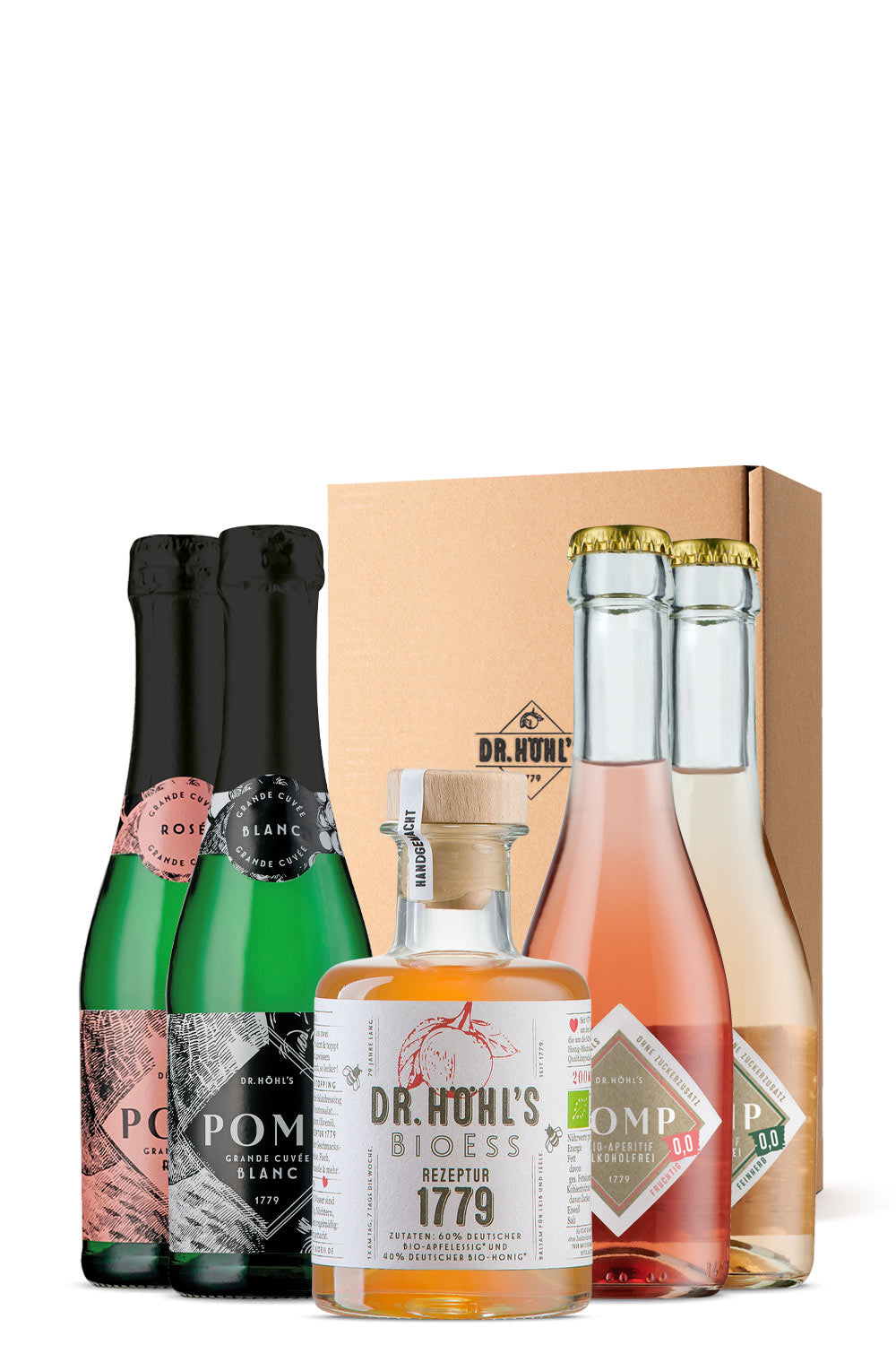 gourmet geschenkset mit 4 piccolo sektflaschen und 1 flasche apfelessig-honig rezeptur in natur box