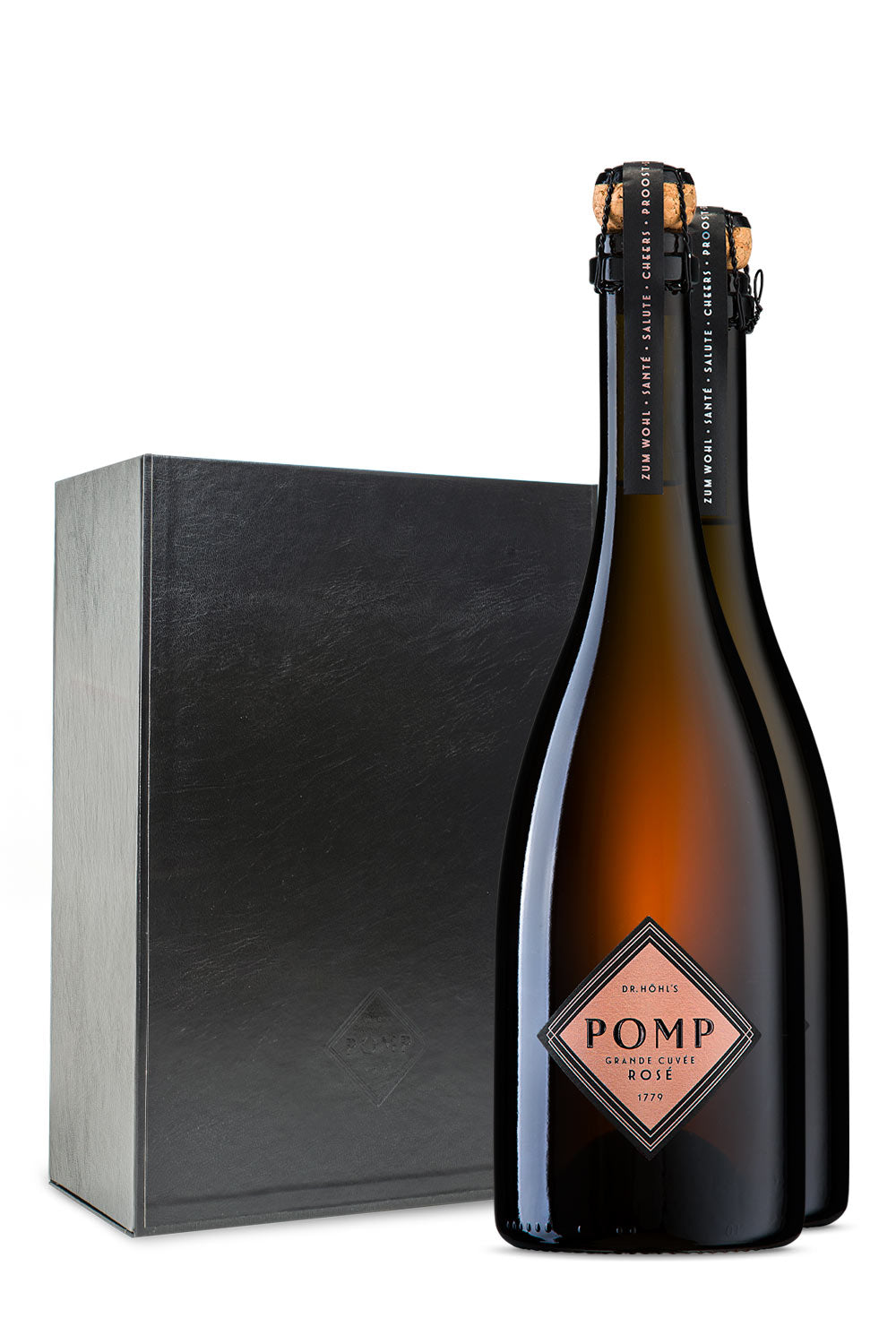 handgemachte premium geschenkbox mit schwarzem Leder Bezug und zwei flaschen pomp sekt