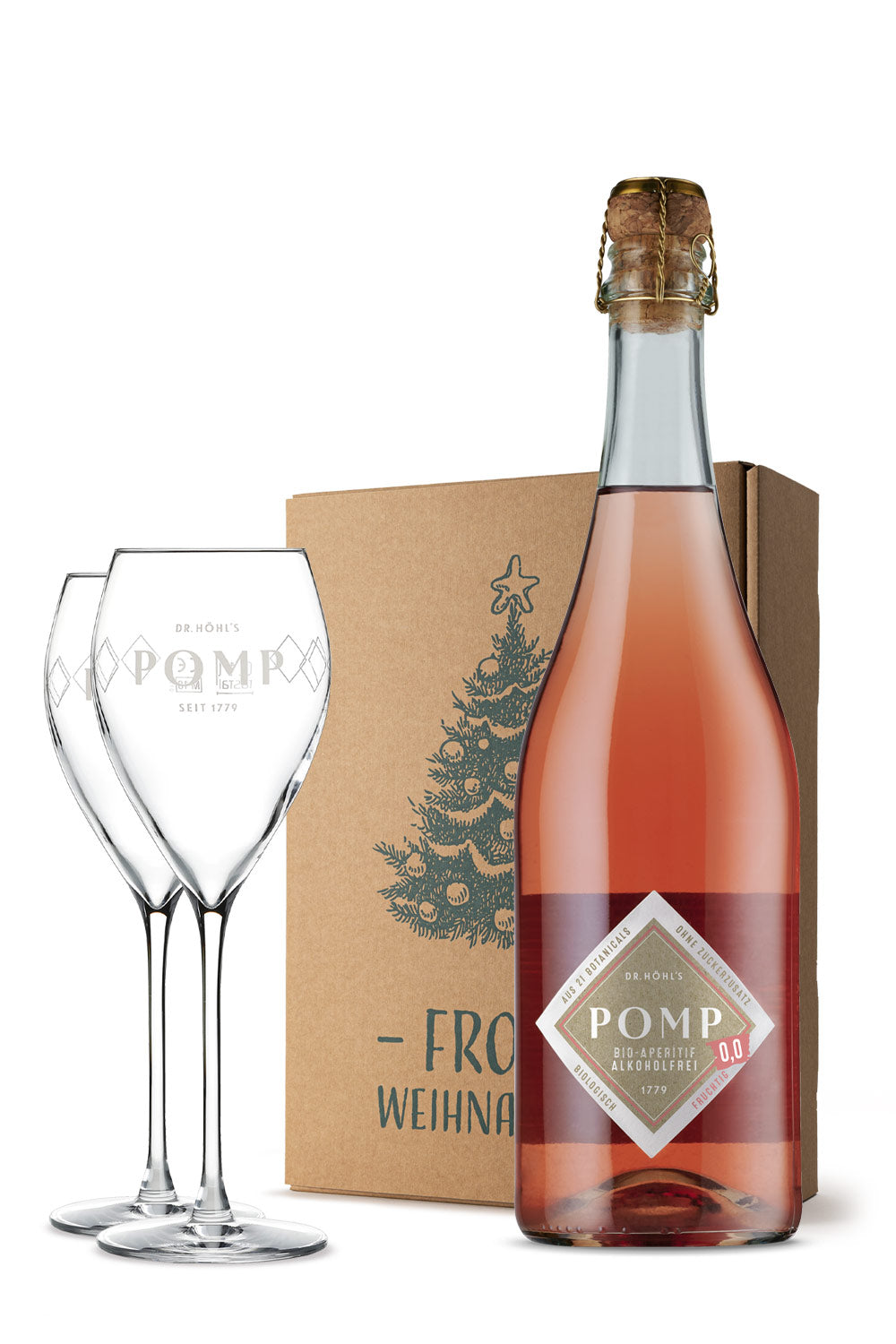 Gourmet Weihnachtsgeschenk Set Rosé alkoholfrei mit Gläsern „Frohe Weihnachten“