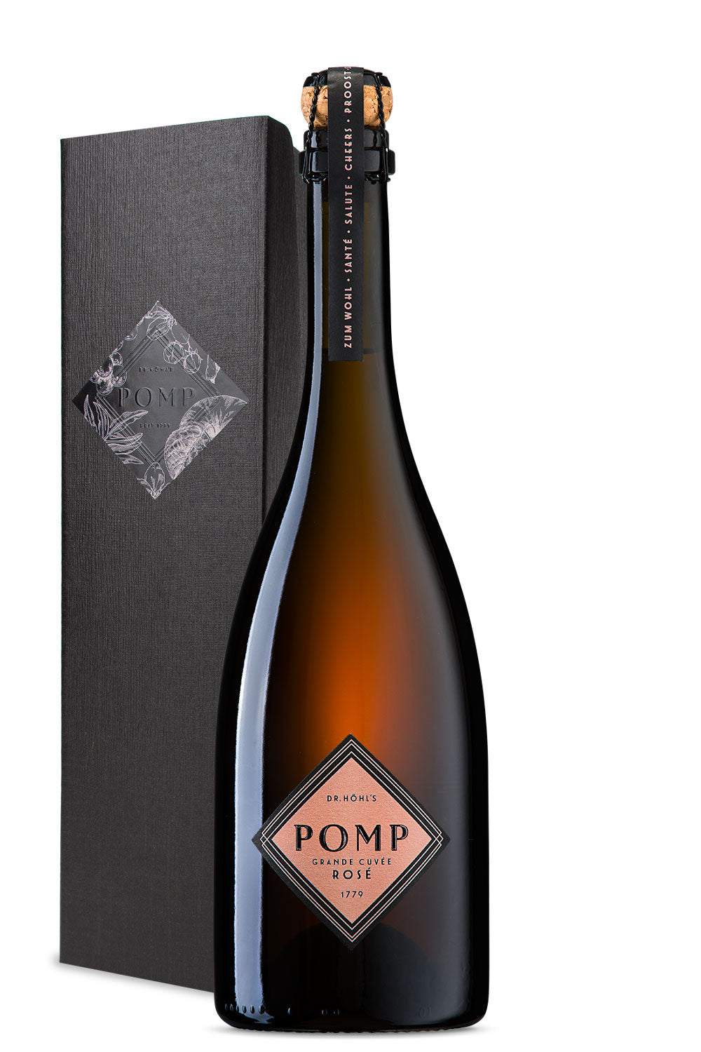 Edle schwarze Sektgeschenkbox black label mit einer Flasche Pomp Rosé Sekt