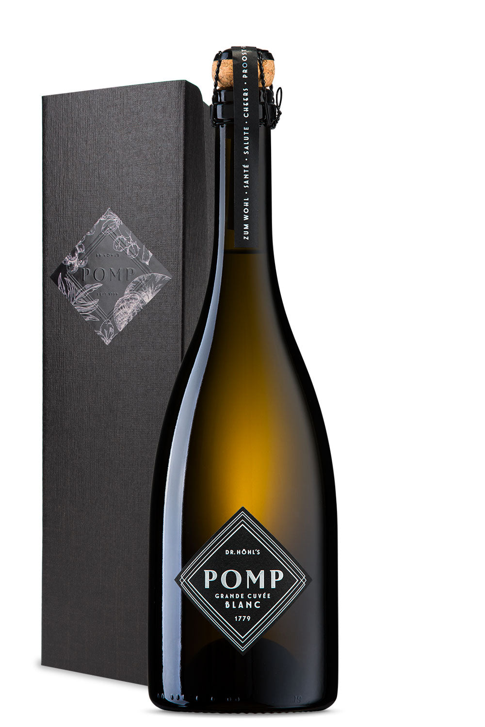 Edle schwarze Sektgeschenkbox black label mit einer Flasche Pomp Blanc Sekt