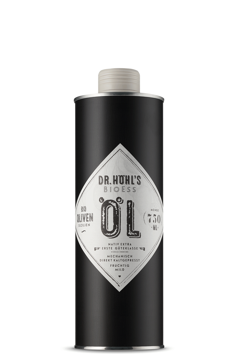schwarze dose olivenöl mit minimalistischem etikett in rautenform